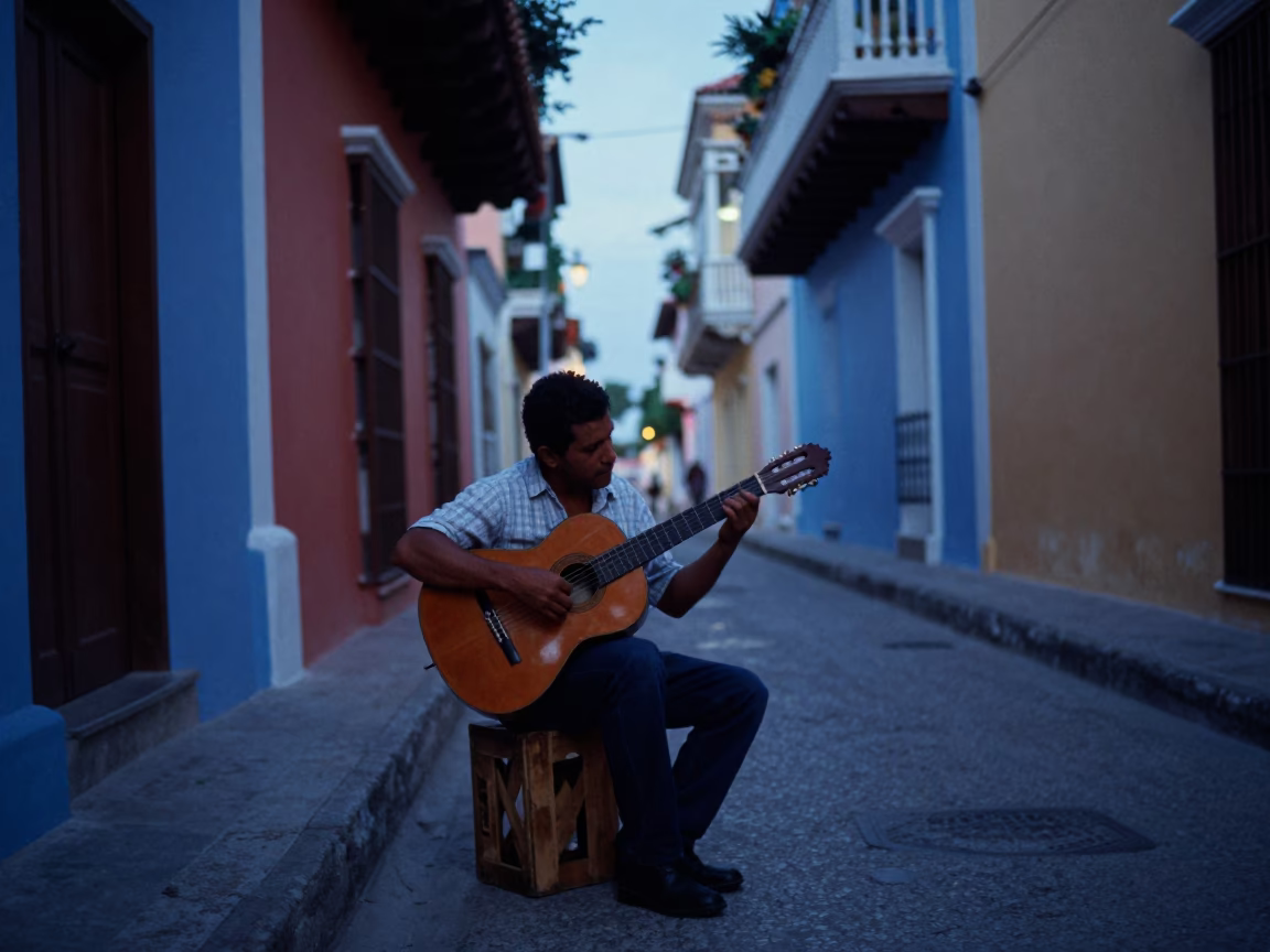 Predawn Street Musician Playing Guitar in Colorful Cartagena Colombia Alleyway in in Cartagena, Colombia