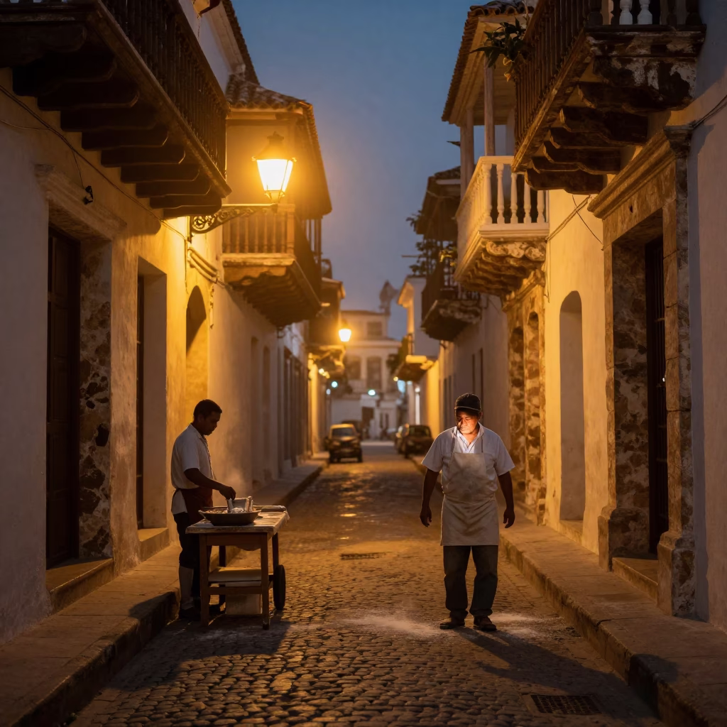 Predawn street photography in Cartagena Colombia with flour dust and local interaction in in Cartagena, Colombia