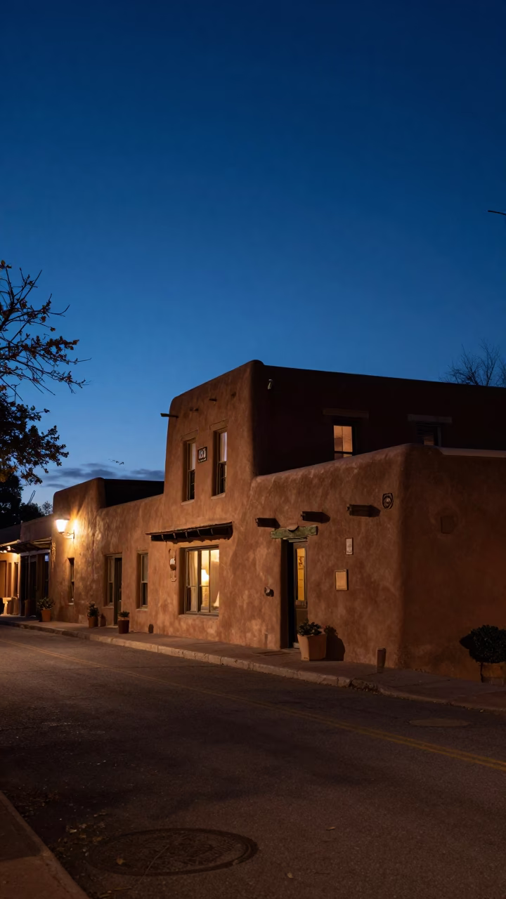 Predawn Street Photography in Santa Fe New Mexico with Adobe Architecture and Iron Hardware in in Santa Fe, New Mexico, United States