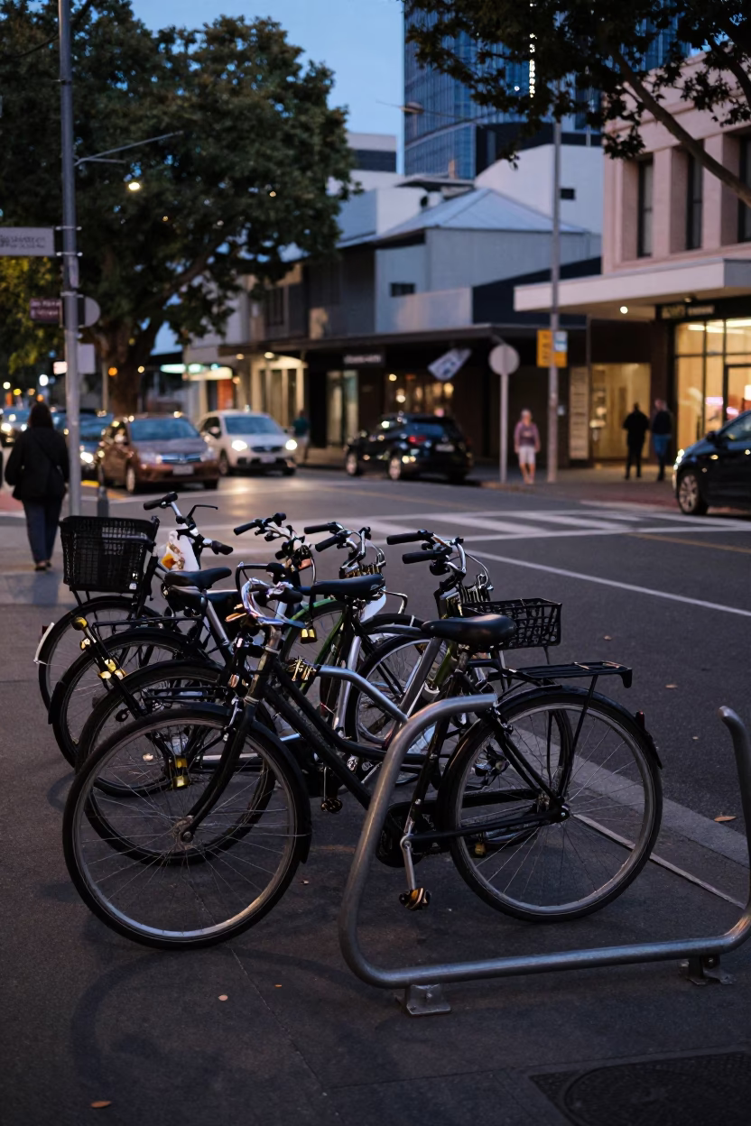 Predawn street scene in Adelaide South Australia with bicycle racks and padlocks in in Adelaide, South Australia, Australia