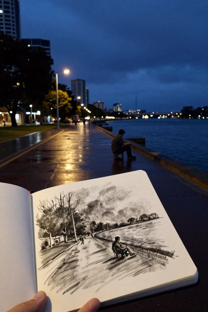 Predawn Street Scene in Adelaide South Australia with Charcoal Sketchbook and Hurricane Lamp in in Adelaide, South Australia, Australia