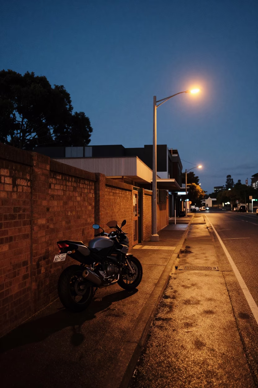 Predawn Street Scene in Adelaide South Australia with Motorcycle and Urban Details in in Adelaide, South Australia, Australia