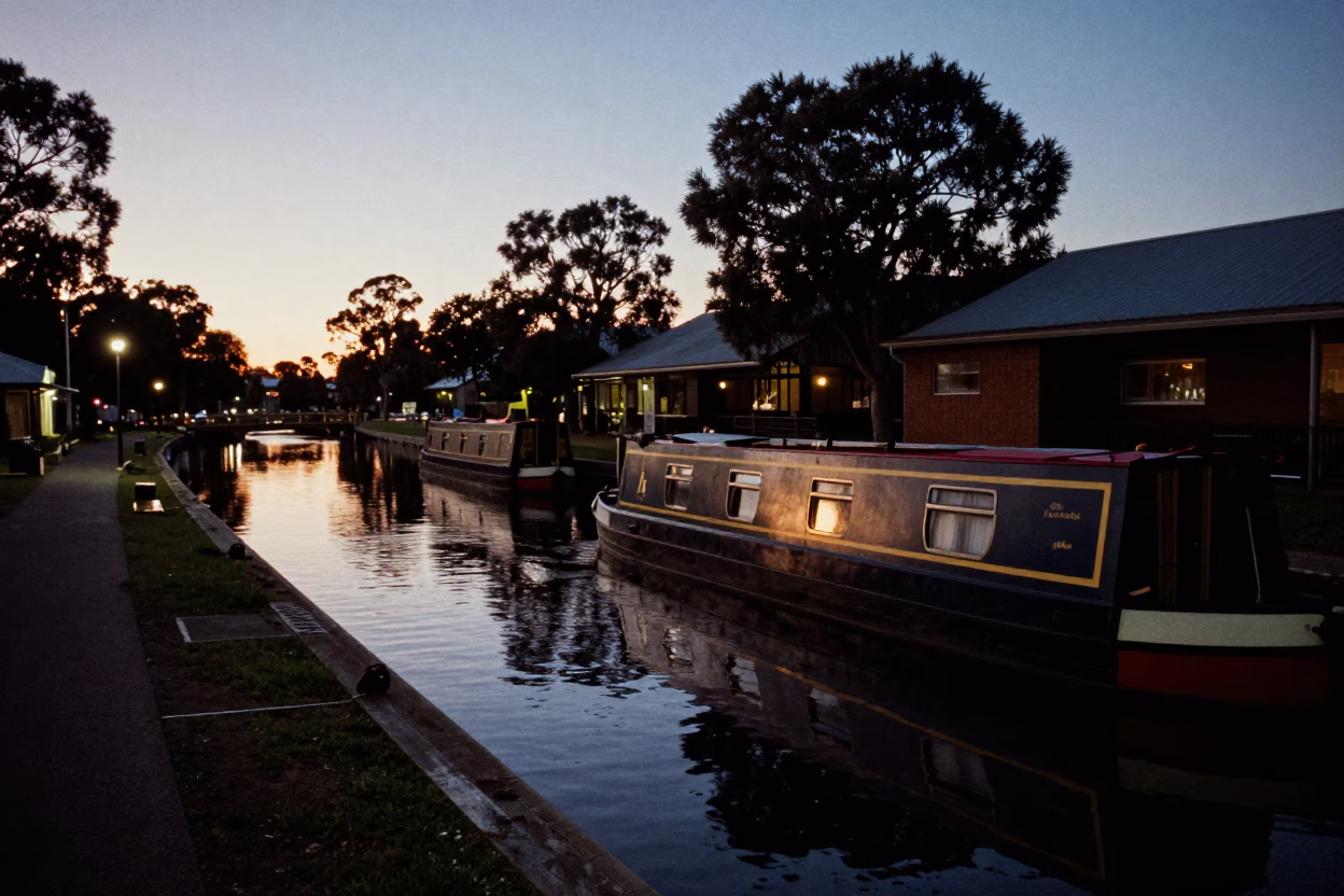 Predawn street scene in Adelaide South Australia with narrowboat on canal in in Adelaide, South Australia, Australia