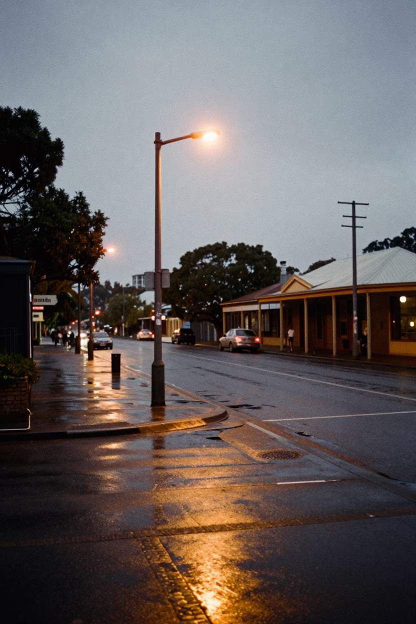 Predawn Street Scene in Adelaide South Australia with Vintage 1950s Elements and Ceramic Bowl in in Adelaide, South Australia, Australia