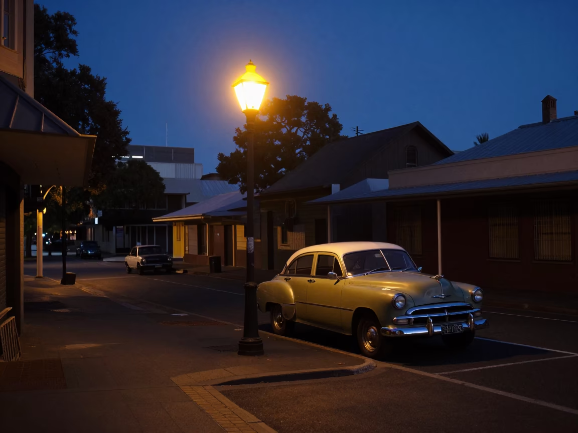 Predawn Street Scene in Adelaide South Australia with Vintage Car and Streetlamp in in Adelaide, South Australia, Australia