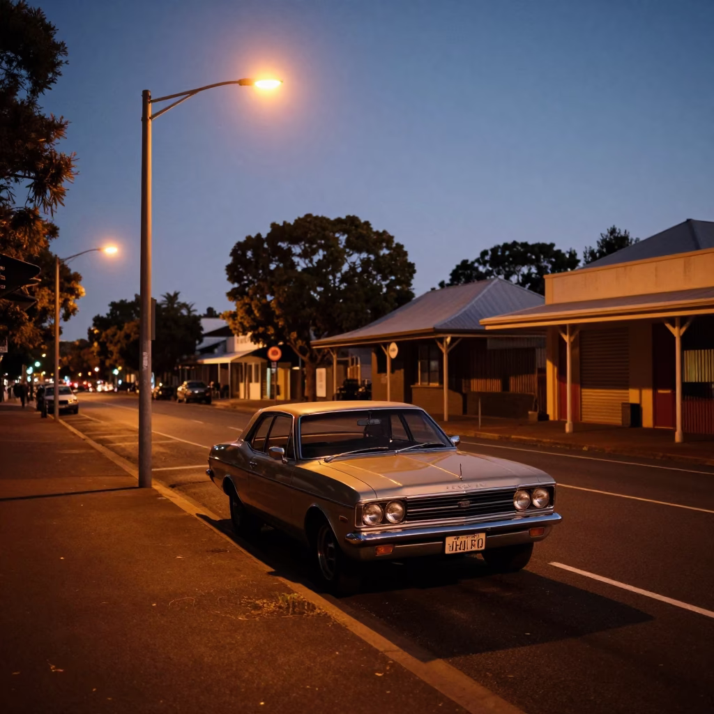 Predawn Street Scene in Adelaide South Australia with Vintage Car and Streetlights in in Adelaide, South Australia, Australia