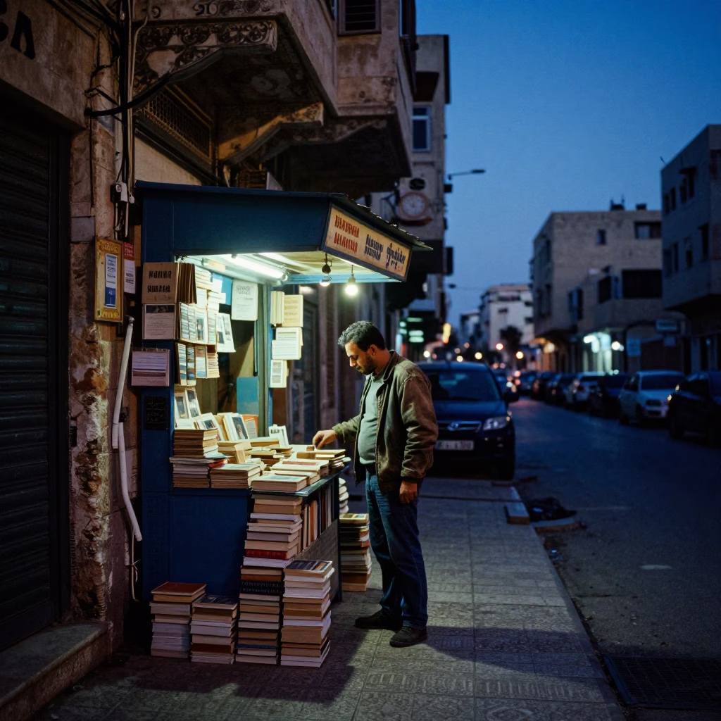 Predawn street scene in Alexandria Egypt with books and urban textures in in Alexandria, Egypt