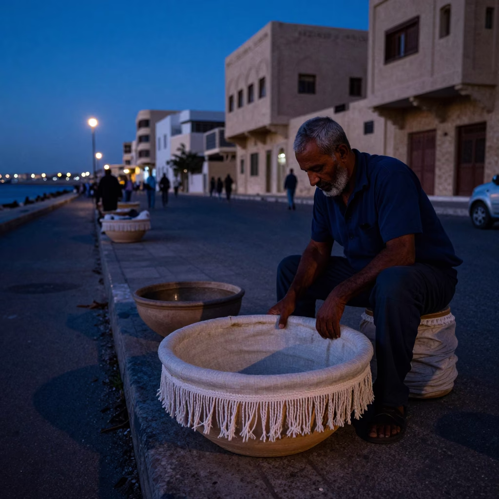 Predawn Street Scene in Alexandria Egypt with Linen Fringe Basin and Local Commerce in in Alexandria, Egypt