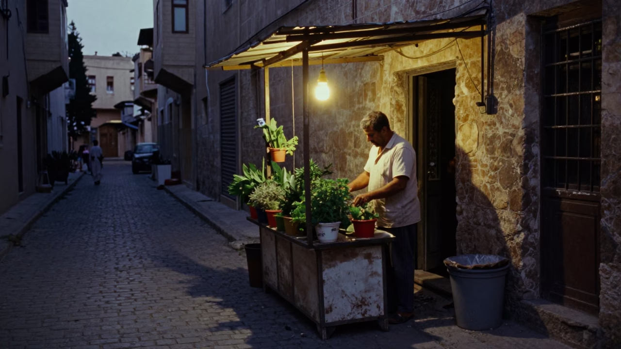 Predawn Street Scene in Alexandria Egypt with Local Vendor and Traditional Wares in in Alexandria, Egypt