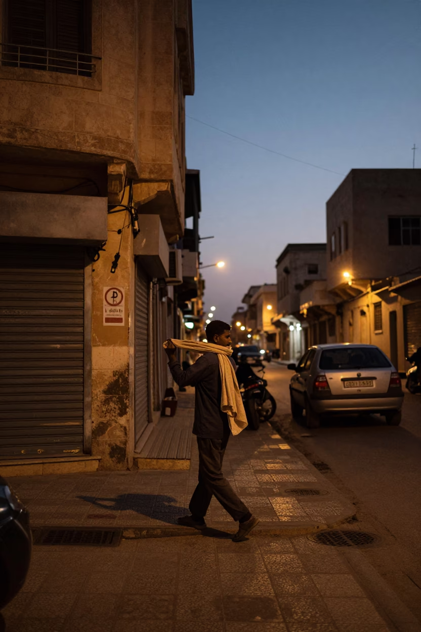 Predawn Street Scene in Alexandria Egypt with Man Carrying Scarf in in Alexandria, Egypt