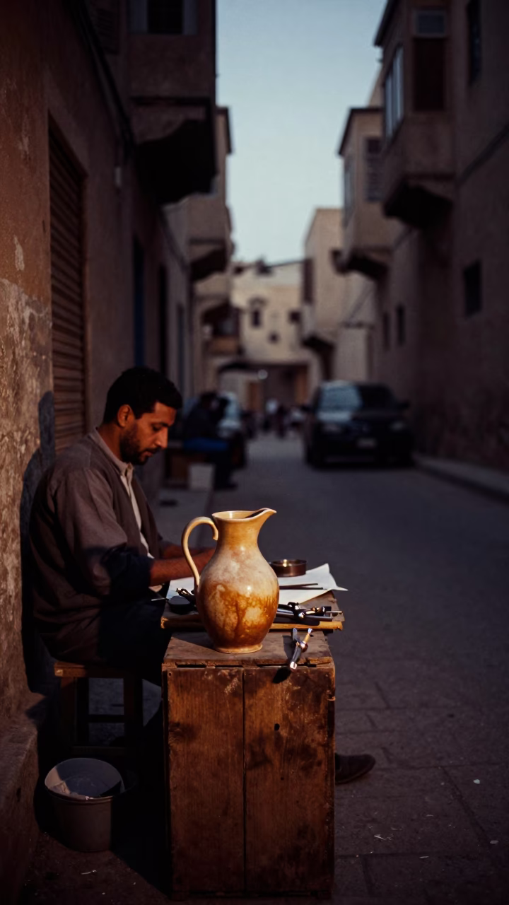 Predawn Street Scene in Alexandria Egypt with Pitcher and Sewing Tools in in Alexandria, Egypt