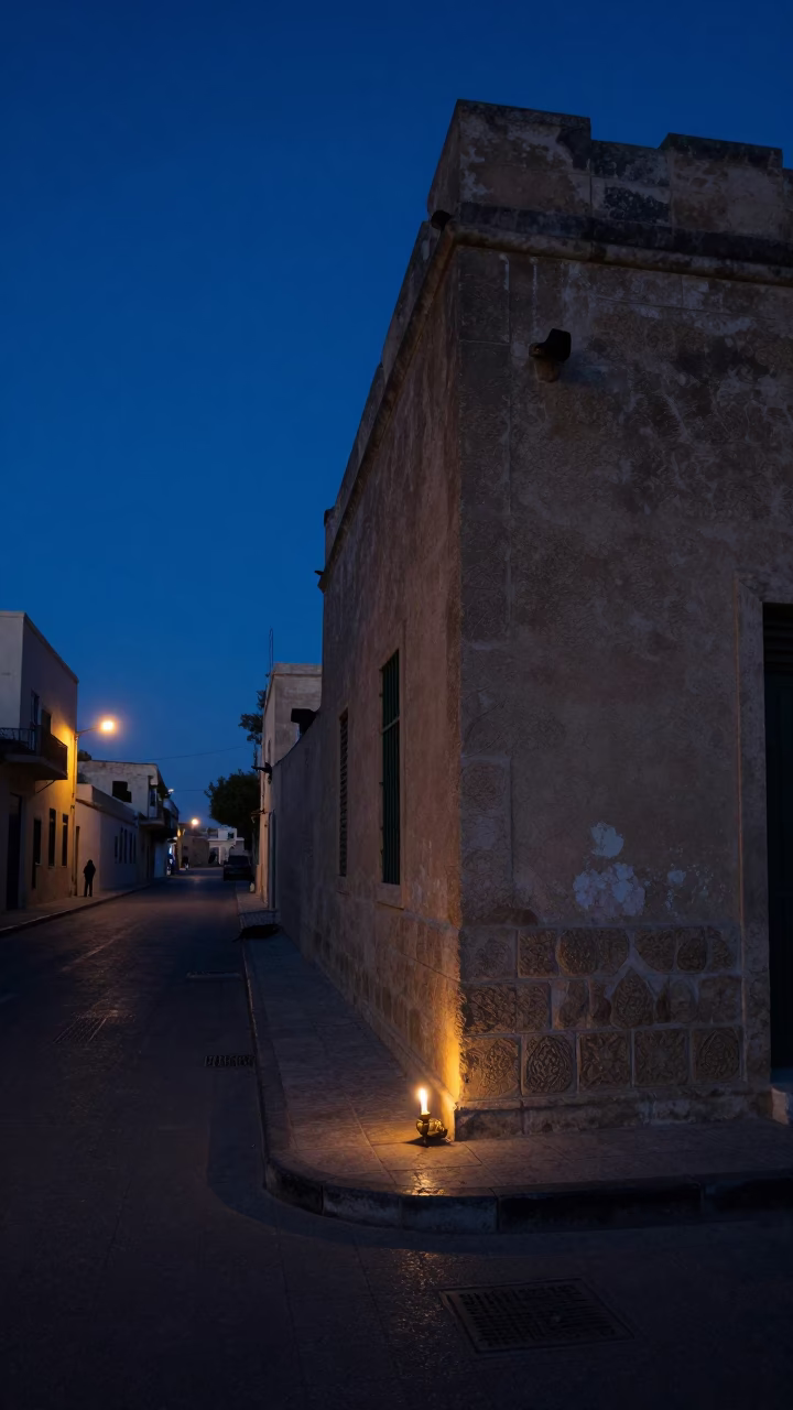 Predawn Street Scene in Alexandria Egypt with Taper Candle and Brass Hinge Detail in in Alexandria, Egypt
