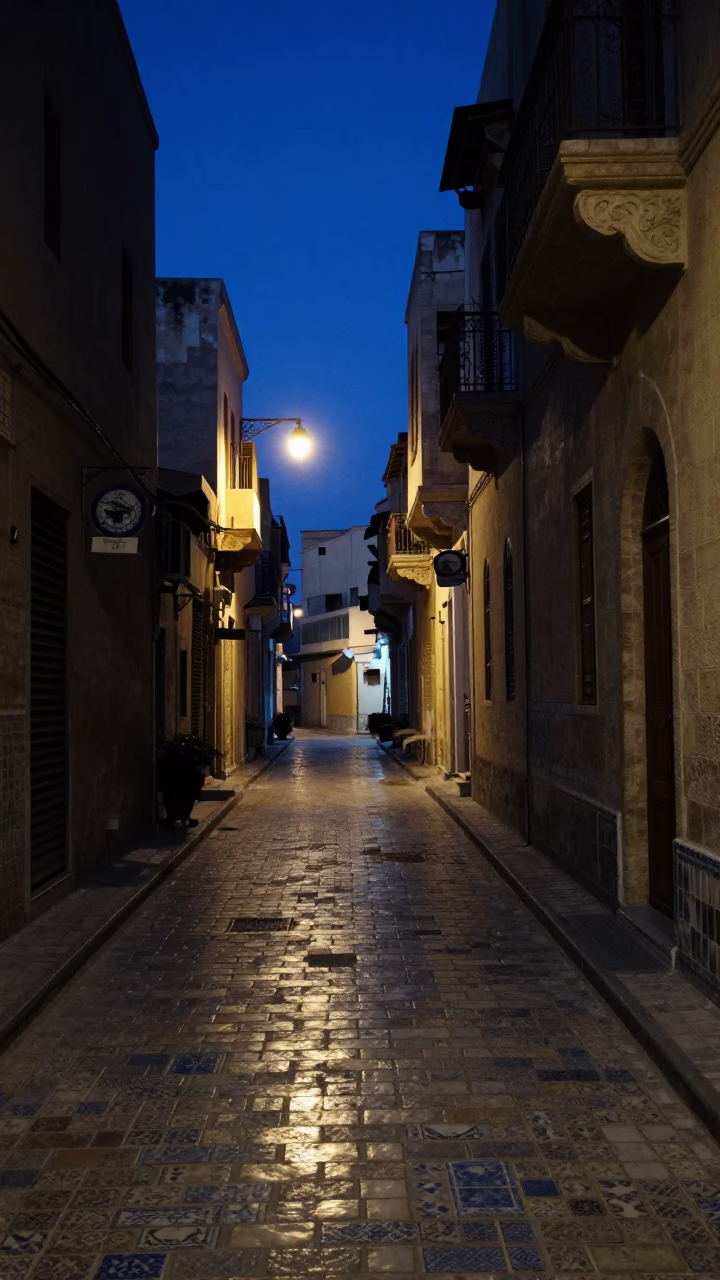 Predawn street scene in Alexandria Egypt with traditional ceramic tiles and quiet morning stillness in in Alexandria, Egypt