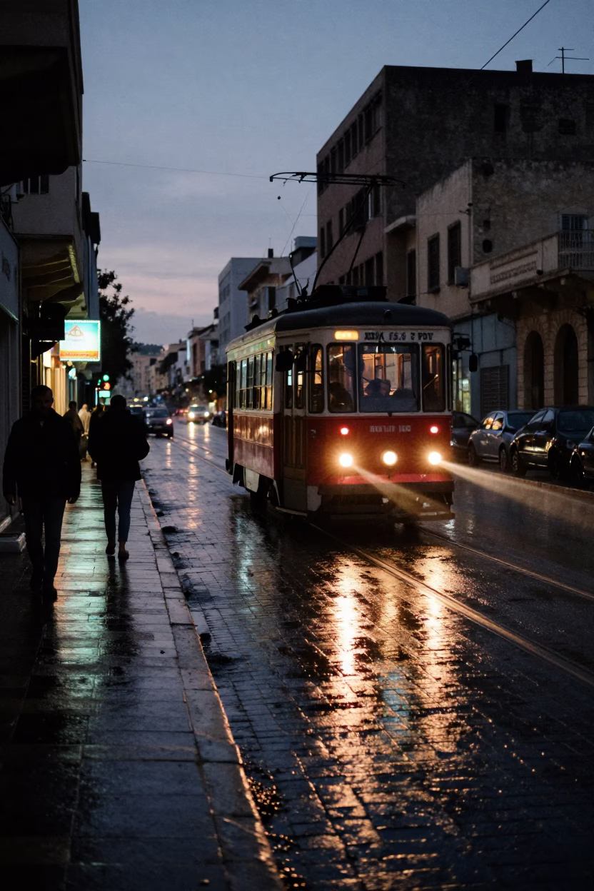 Predawn Street Scene in Alexandria Egypt with Tram Reflections on Wet Cobblestones in in Alexandria, Egypt
