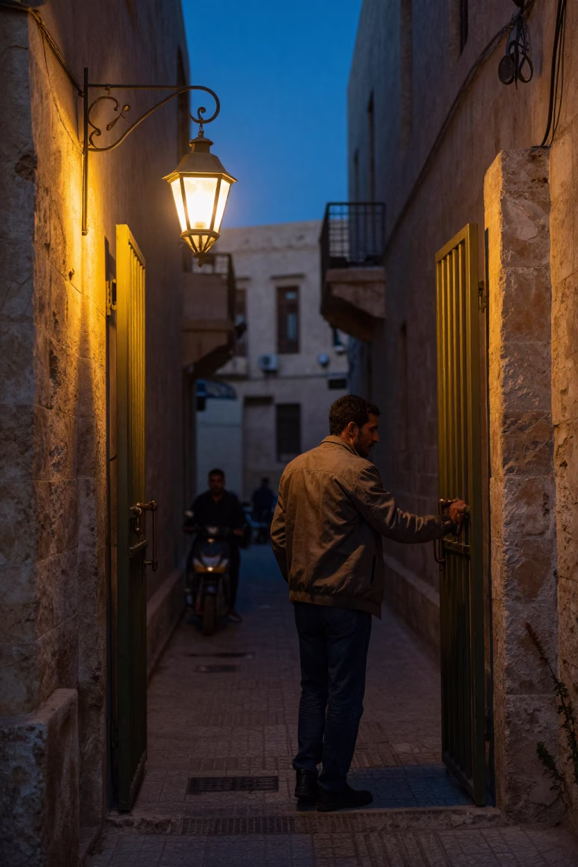 Predawn Street Scene in Alexandria Egypt with Vintage Lantern and Gate Handle in in Alexandria, Egypt