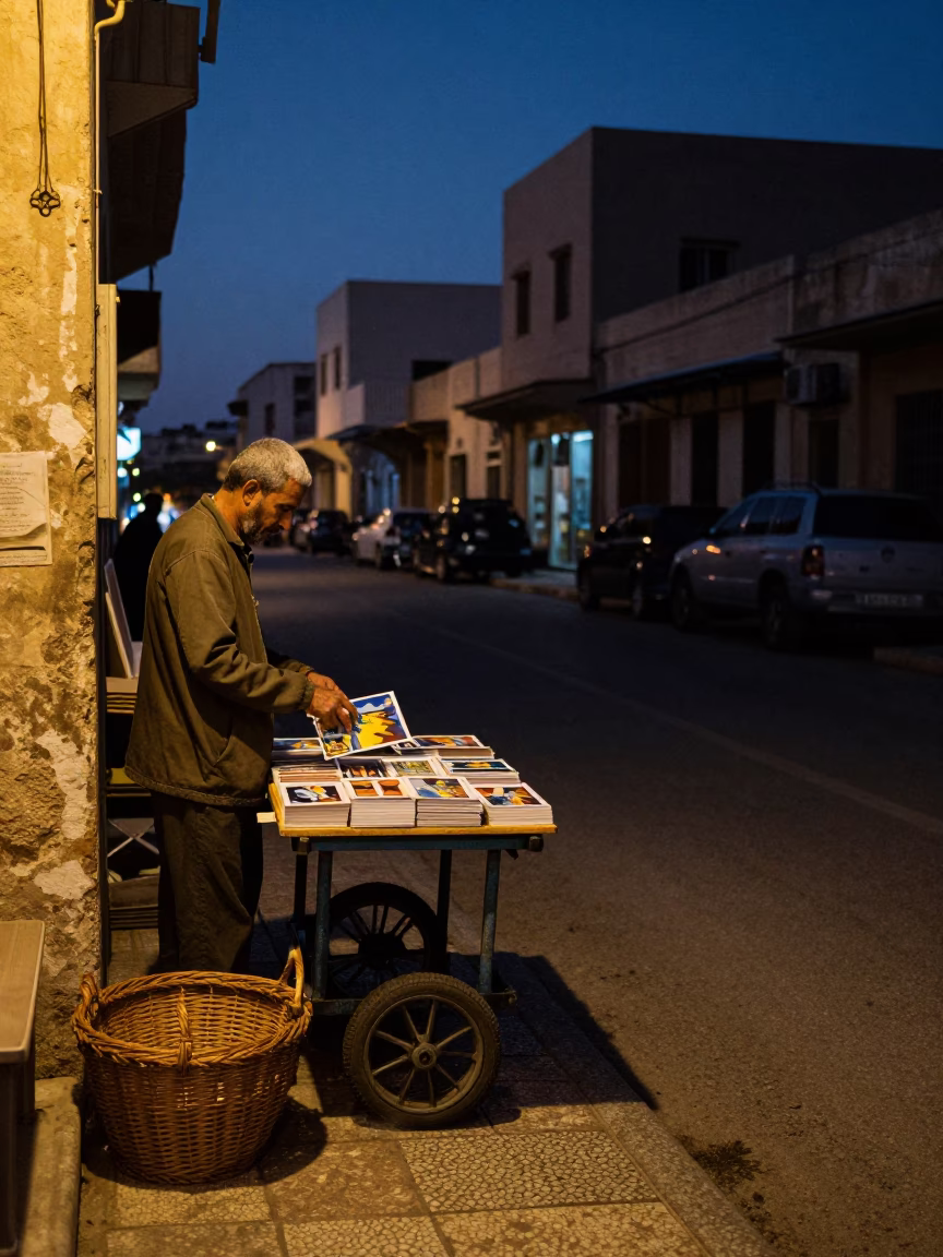 Predawn Street Scene in Alexandria Egypt with Wicker Basket and Postcards in in Alexandria, Egypt