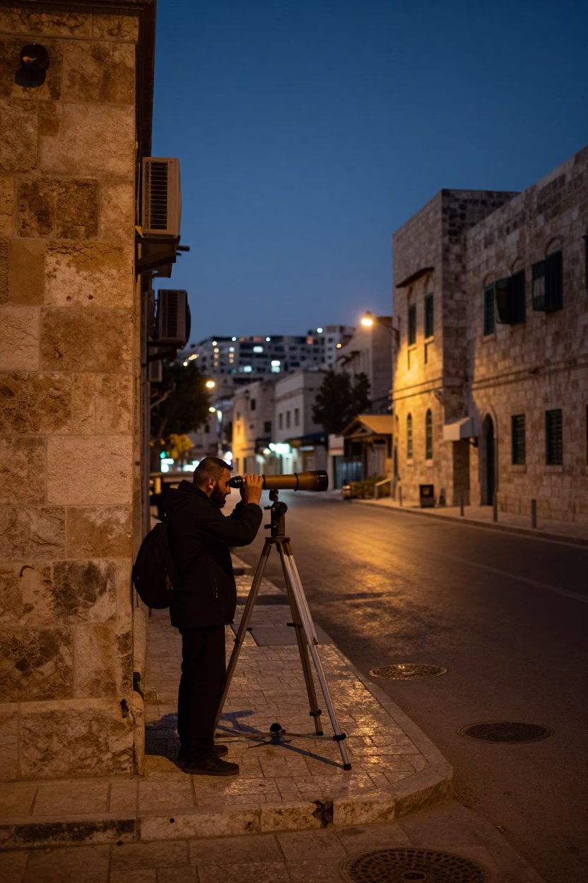 Predawn Street Scene in Amman Jordan with Astronomer Calibrating Telescope in in Amman, Jordan