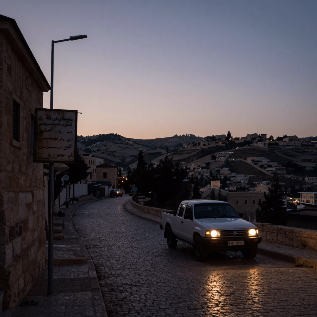 Predawn Street Scene in Amman Jordan with Faded Signage and Early Morning Activity in in Amman, Jordan