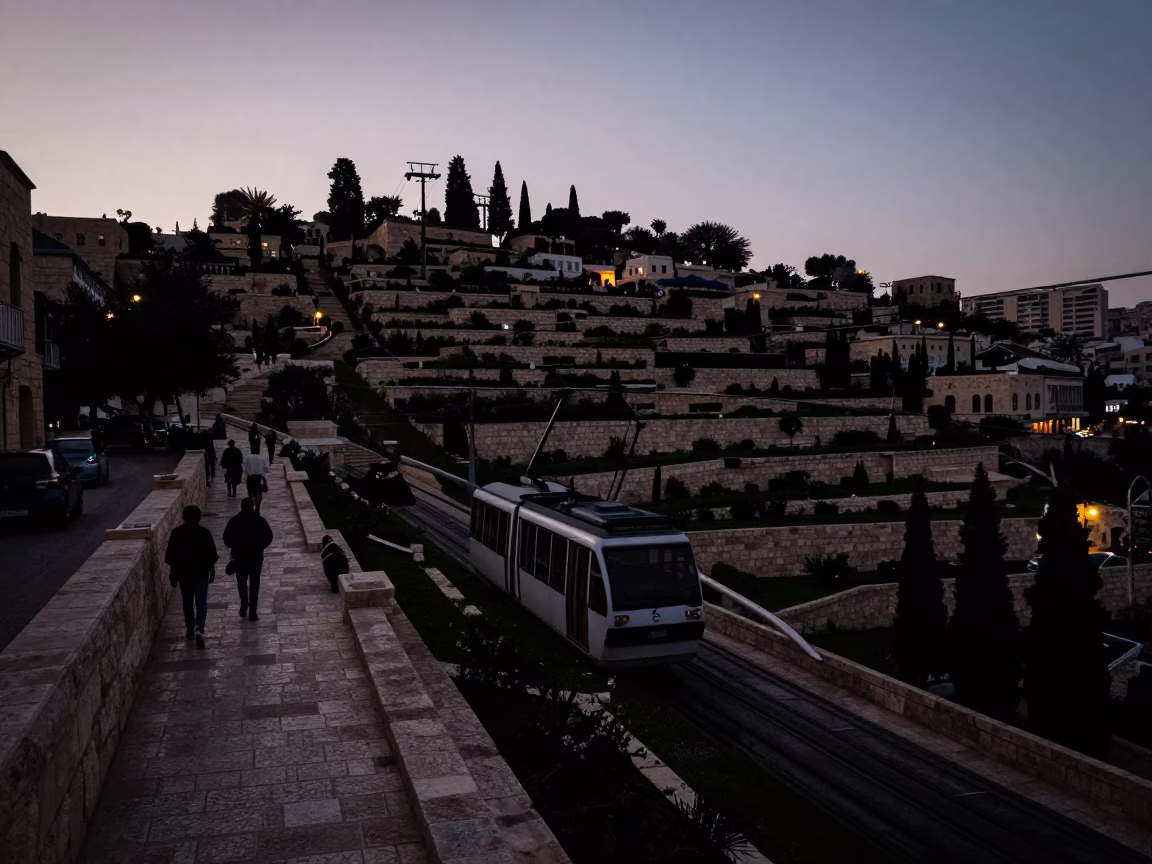 Predawn Street Scene in Amman Jordan with Funicular and Terraced Gardens in in Amman, Jordan