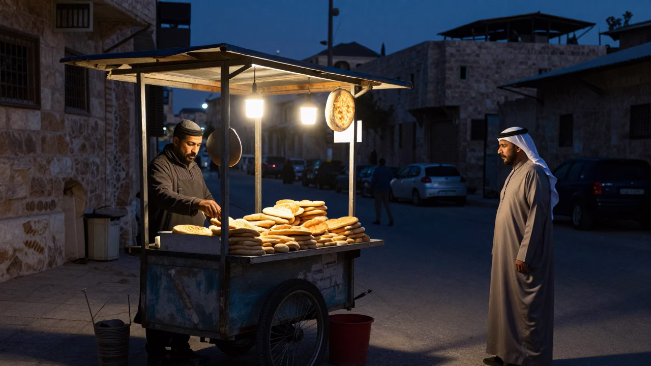 Predawn Street Scene in Amman Jordan with Local Vendor and Morning Routine in in Amman, Jordan