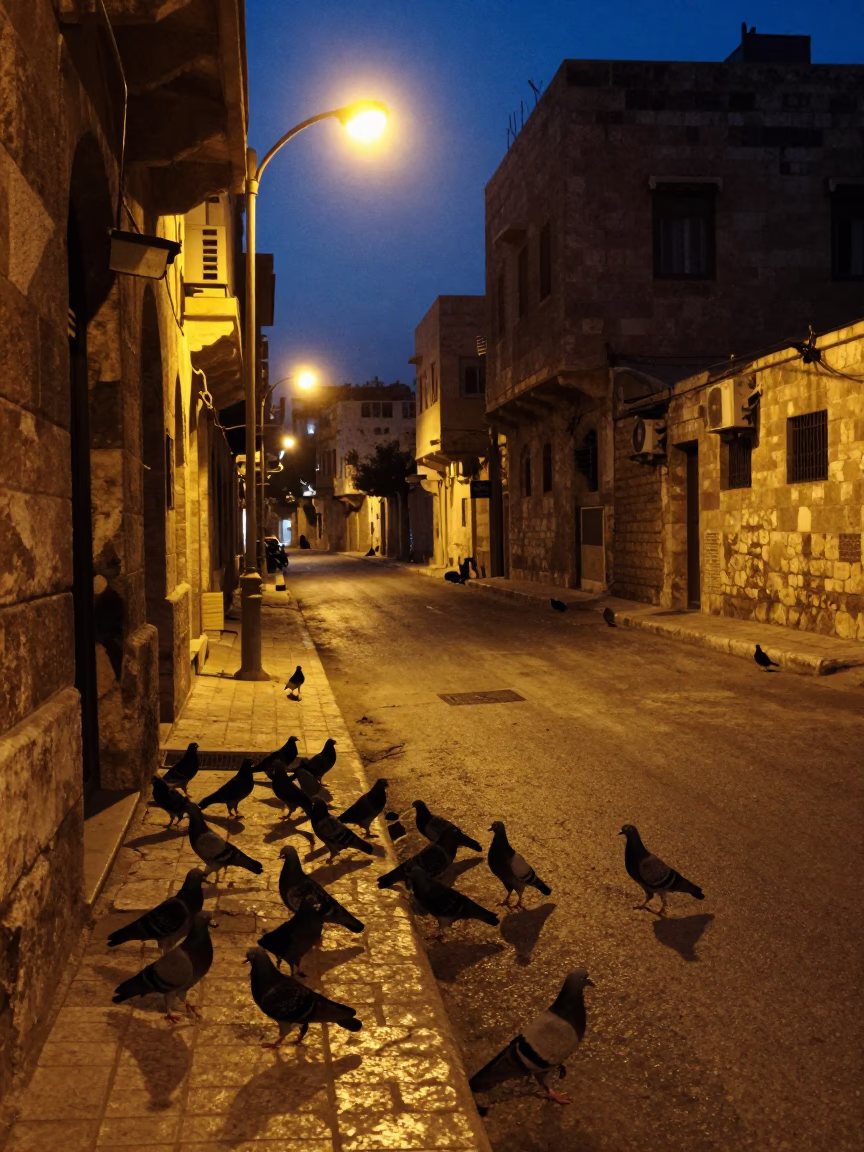 Predawn Street Scene in Amman Jordan With Pigeons and Dim Streetlights in in Amman, Jordan