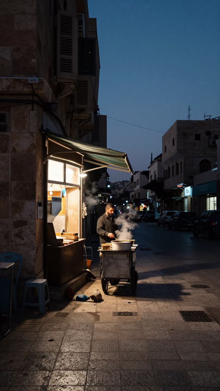 Predawn Street Scene in Amman Jordan with Steaming Food and City Lights in in Amman, Jordan