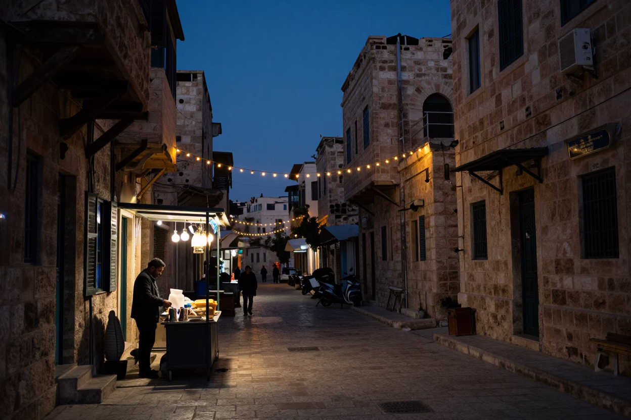Predawn Street Scene in Amman Jordan with String Lights and Local Morning Routine in in Amman, Jordan