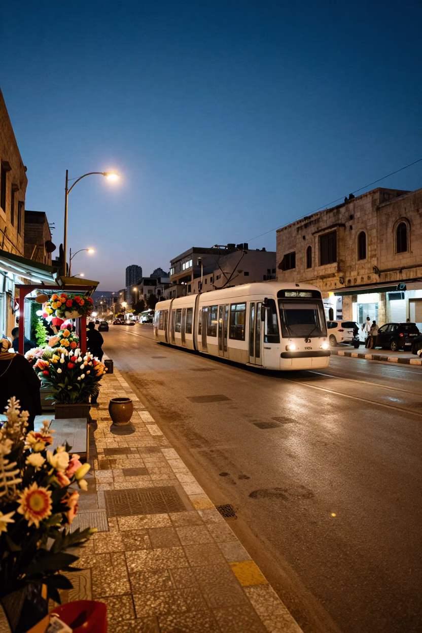 Predawn Street Scene in Amman Jordan with Tram and Tea Stains in in Amman, Jordan