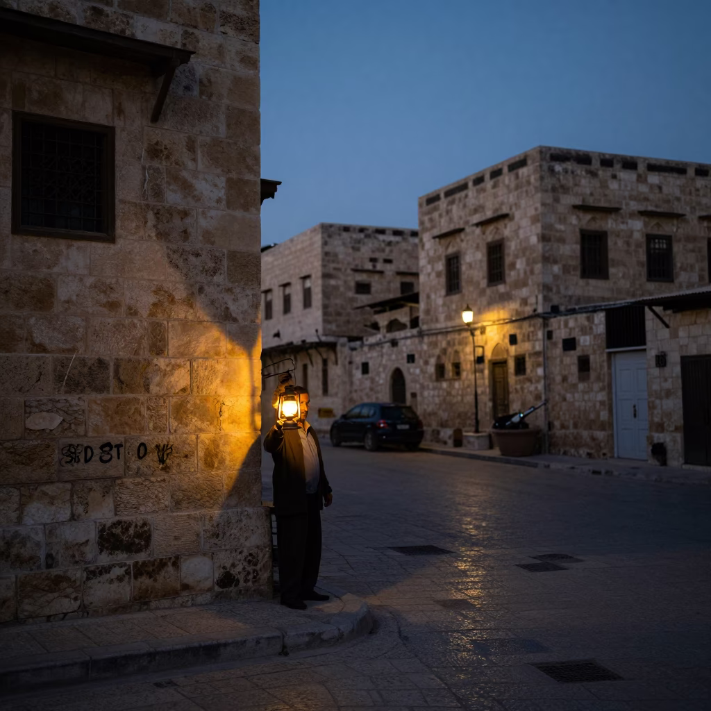 Predawn Street Scene in Amman Jordan with Vendor and Oil Lamp in in Amman, Jordan