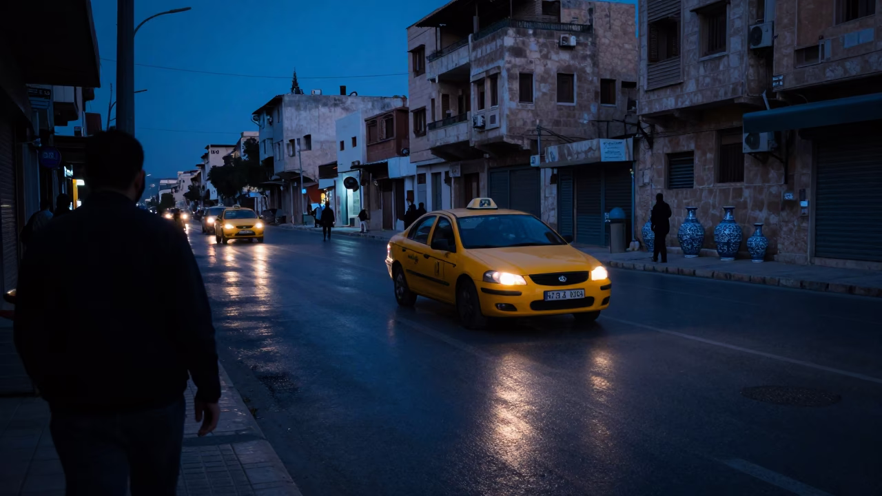 Predawn Street Scene in Amman Jordan with Yellow Taxi and Ceramic Pitcher in in Amman, Jordan