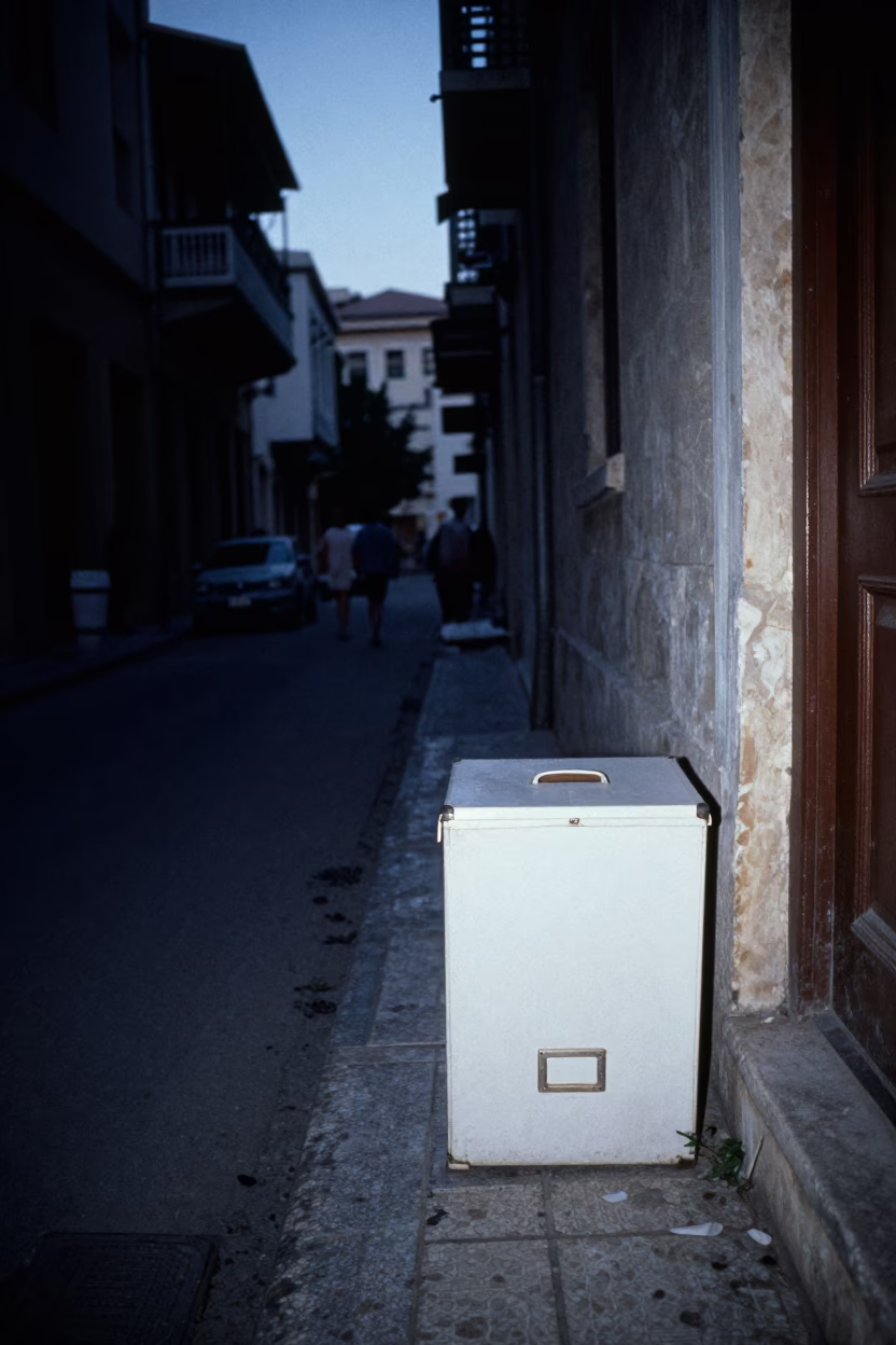 Predawn Street Scene in Athens Greece with File Box and Drinking Vessel in in Athens, Greece