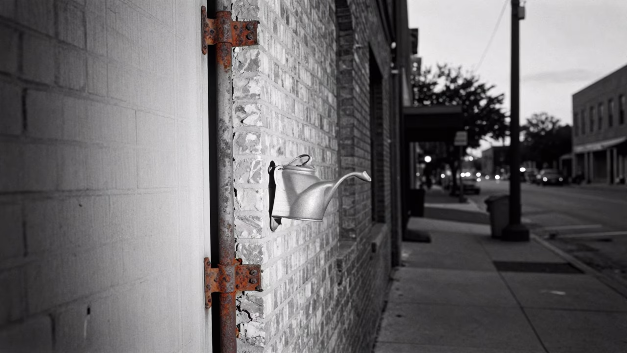 Predawn Street Scene in Austin Texas with Rusty Hinge and Watering Bottle in in Austin, Texas, United States