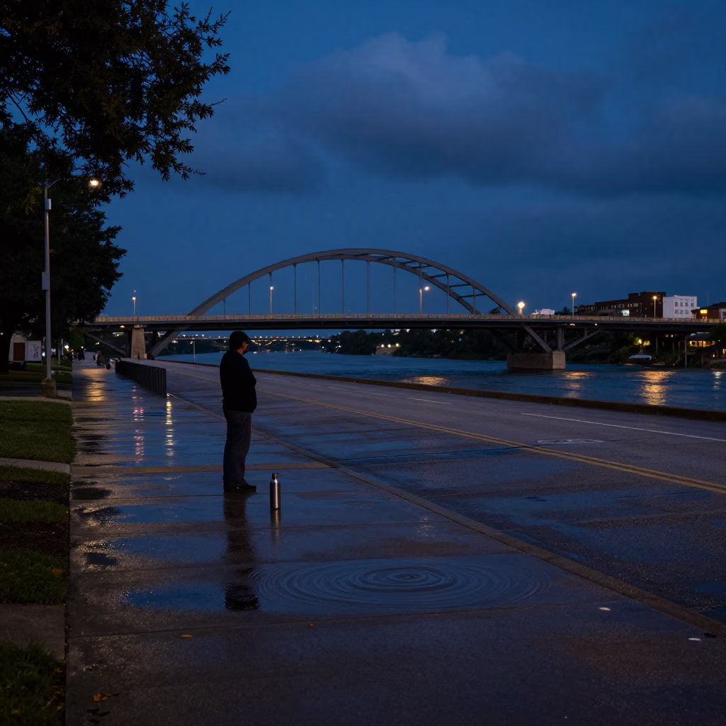 Predawn Street Scene in Austin Texas with Thermos and Water Rings on Metal Stool in in Austin, Texas, United States