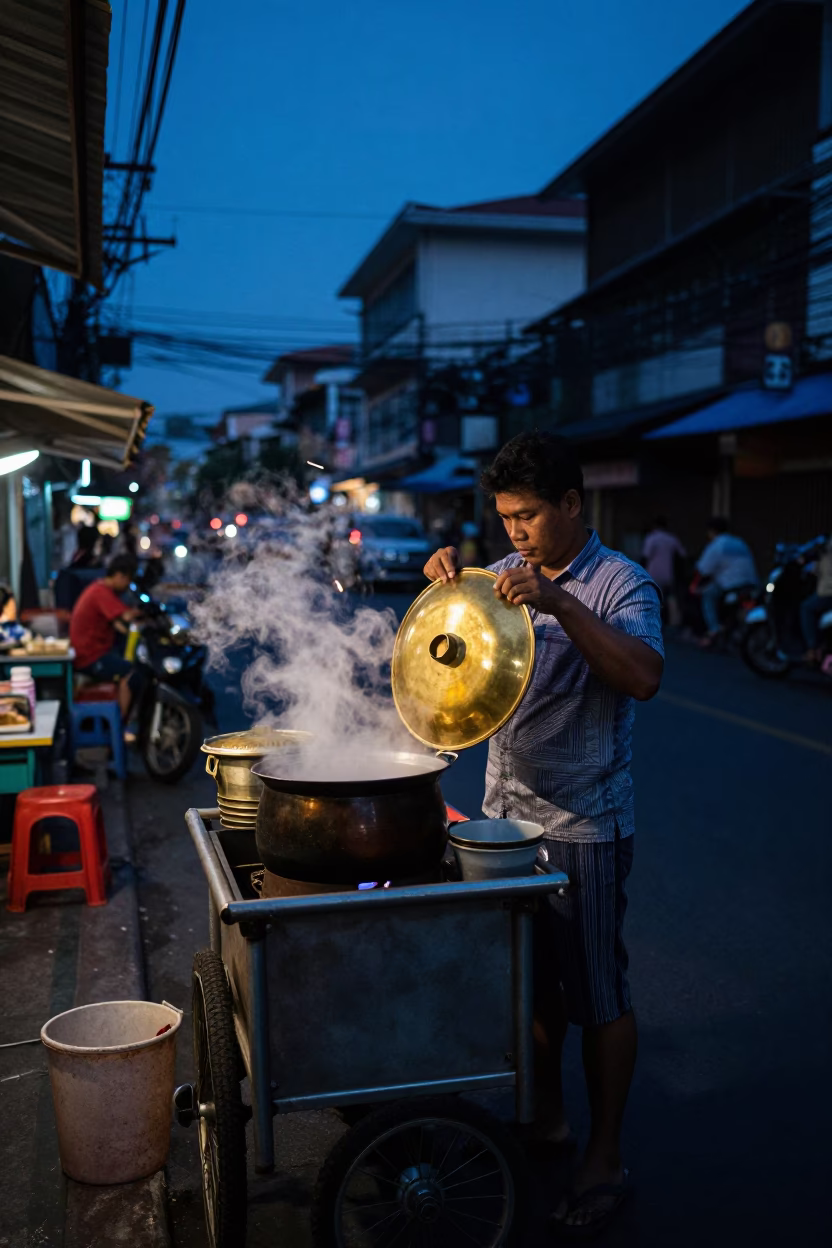 Predawn street scene in Bangkok Thailand with local vendor and brass pot lid in in Bangkok, Thailand