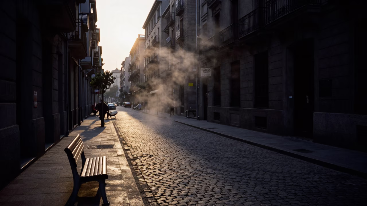 Predawn Street Scene in Barcelona Spain with Steam Haze and Urban Details in in Barcelona, Spain