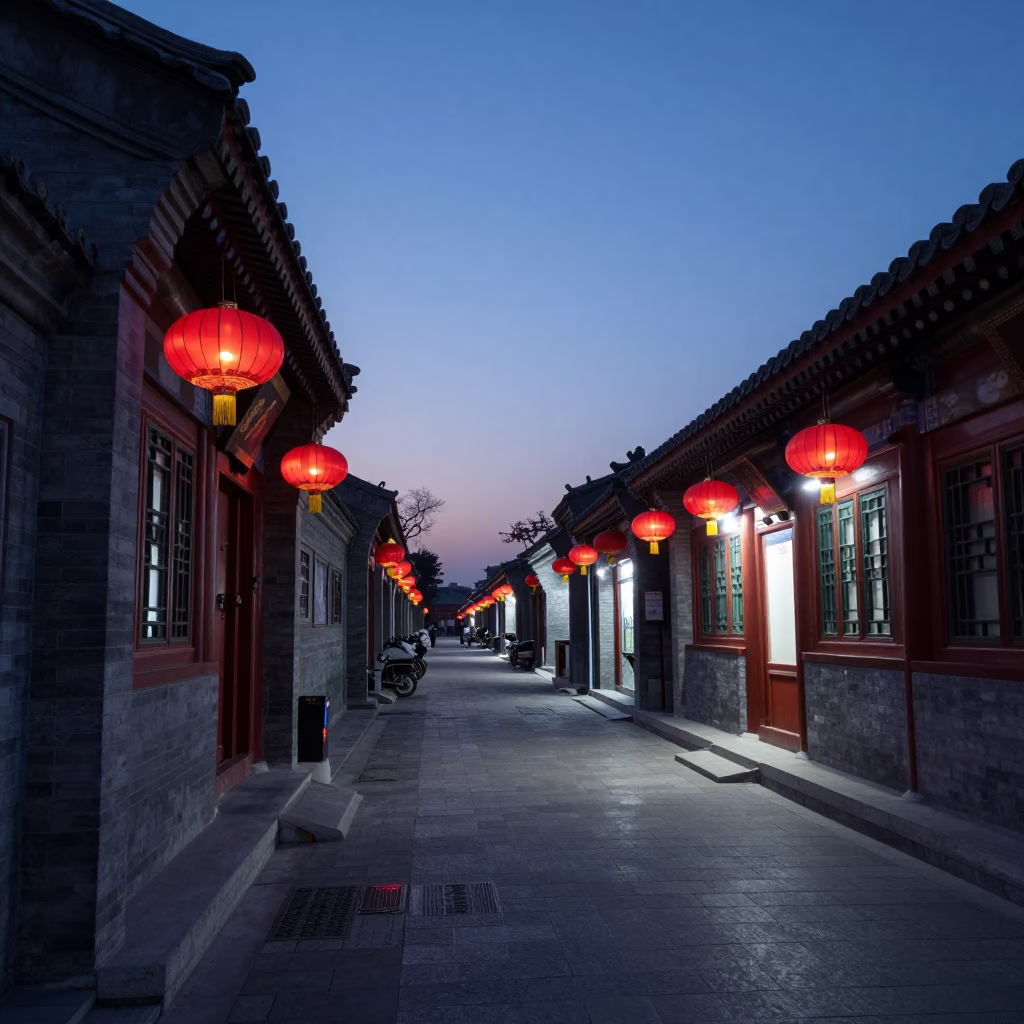 Predawn Street Scene in Beijing China with Lanterns and Early Morning Activity in in Beijing, China