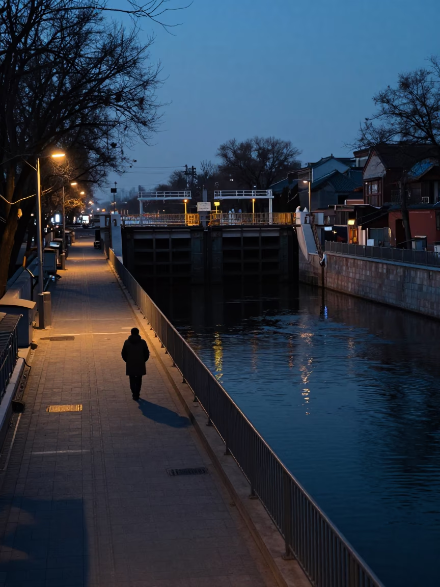 Predawn Street Scene in Beijing China with Sluice Gate and River Foam in in Beijing, China