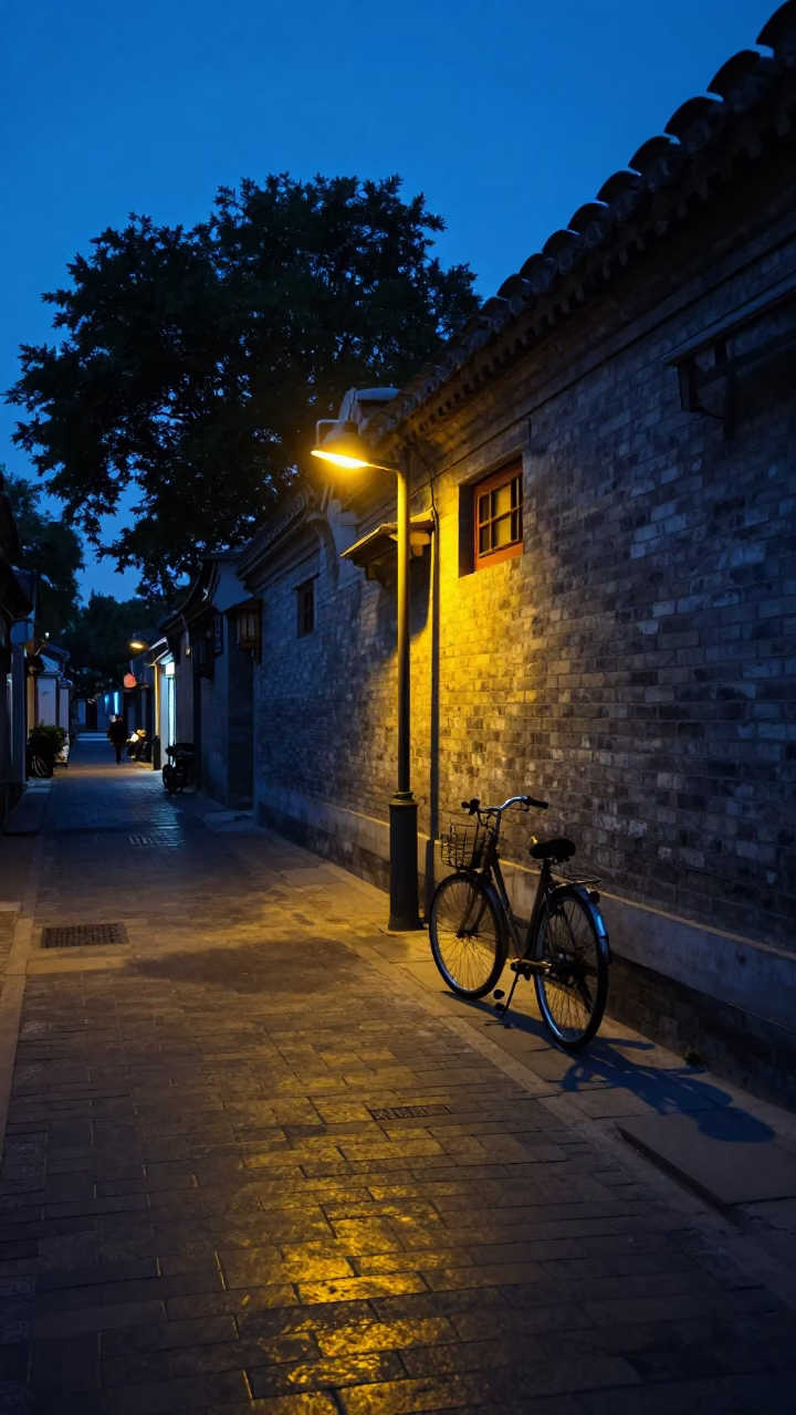 Predawn street scene in Beijing China with traditional architecture and early morning commuters in in Beijing, China