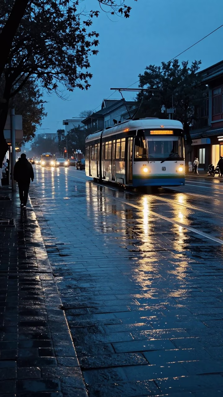 Predawn Street Scene in Beijing China with Wet Cobblestones and Tram Reflections in in Beijing, China