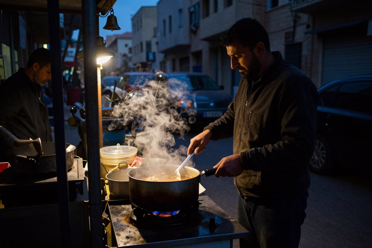 Predawn Street Scene in Beirut Lebanon with Saucepan and Bell in in Beirut, Lebanon