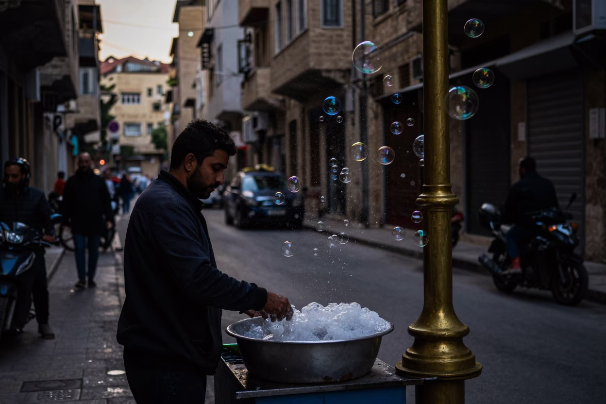 Predawn Street Scene in Beirut Lebanon with Soap Bubbles and Brass Rim in in Beirut, Lebanon
