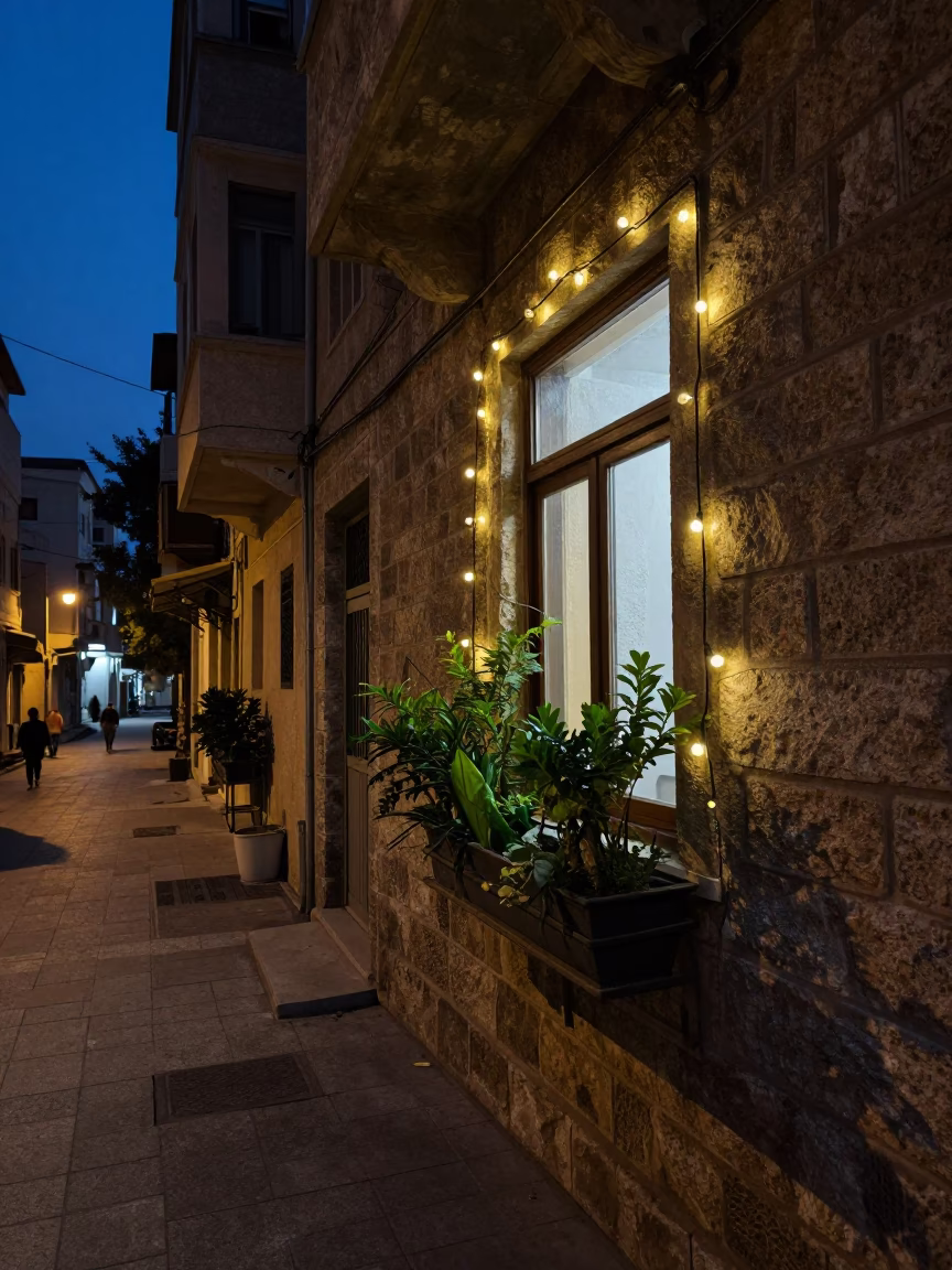 Predawn Street Scene in Beirut Lebanon With String Lights And Window Boxes in in Beirut, Lebanon