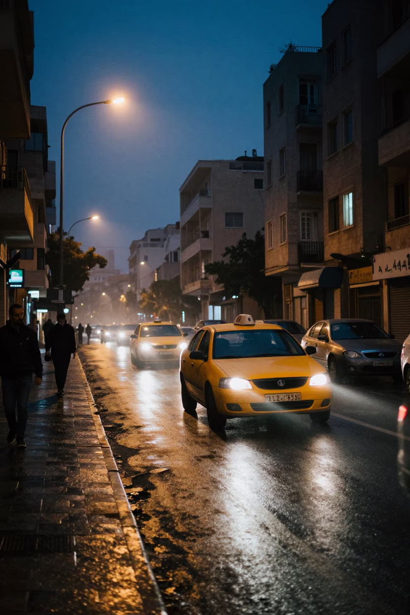Predawn Street Scene in Beirut Lebanon with Yellow Taxi and Urban Ambience in in Beirut, Lebanon