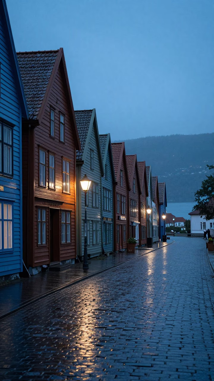 Predawn Street Scene in Bergen Norway with Cobblestones and Rain in in Bergen, Norway