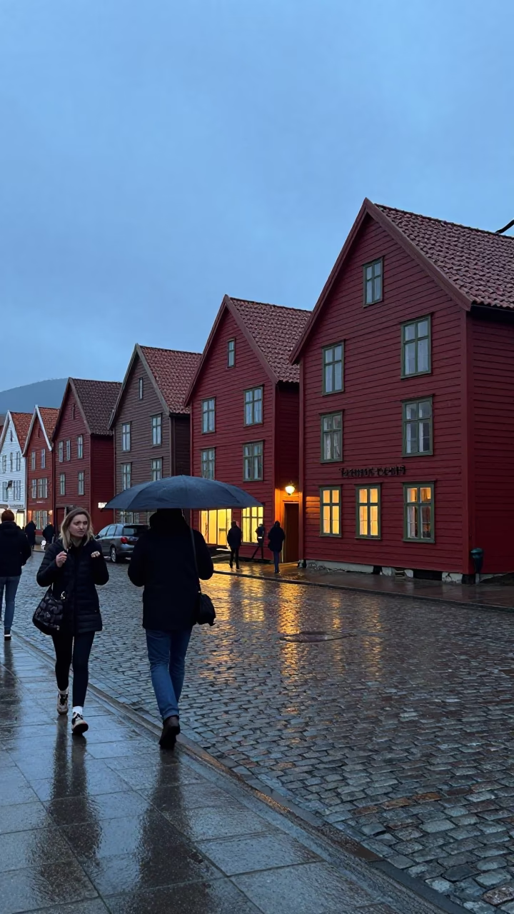 Predawn Street Scene in Bergen Norway with Umbrella and Wet Cobblestones in in Bergen, Norway