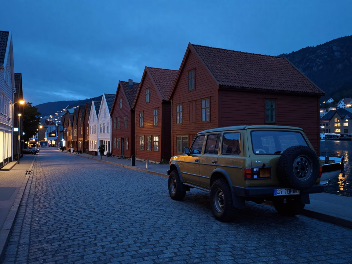 Predawn Street Scene in Bergen Norway with Vintage SUV and Urban Architecture in in Bergen, Norway