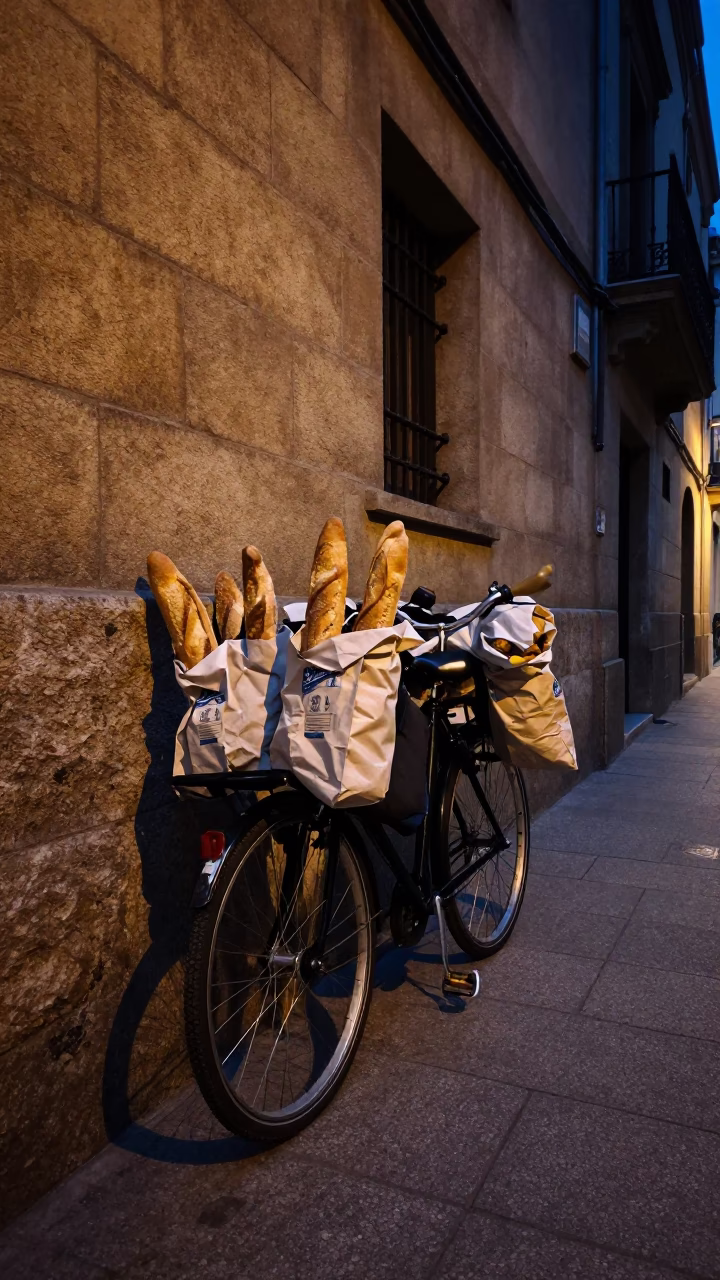 Predawn street scene in Bilbao Spain with bicycle laden with baguettes in in Bilbao, Spain
