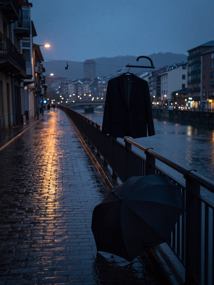Predawn Street Scene in Bilbao Spain with Umbrellas and Shirt Hanger in in Bilbao, Spain