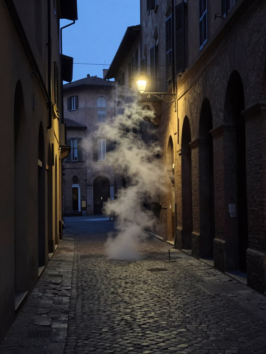 Predawn Street Scene in Bologna Italy with Steam and Cobblestone in in Bologna, Italy