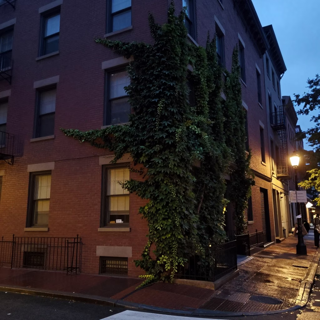 Predawn Street Scene in Boston Massachusetts with Ivy and Wet Pavement Reflections in in Boston, Massachusetts, United States